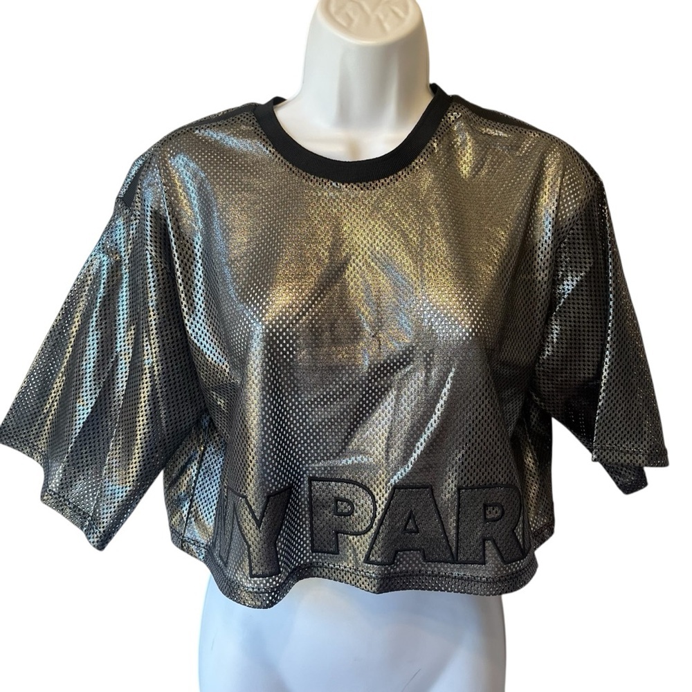 Ivy Park NWT Metallic mesh crop top XS Gunmetal silver black Womens T-shirt NEW - Picture 3 of 7